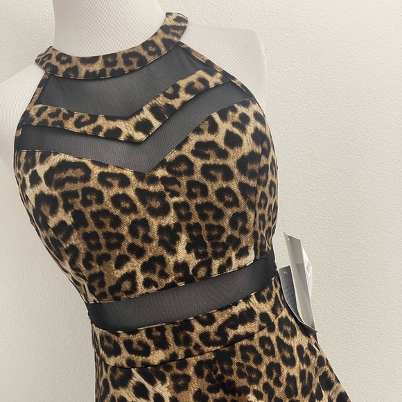 NORDSTROM LEOPARD PRINT BLACK MESH DETAIL FITTED STRECH A-LINE MINI DRESS - Picture 5 of 10